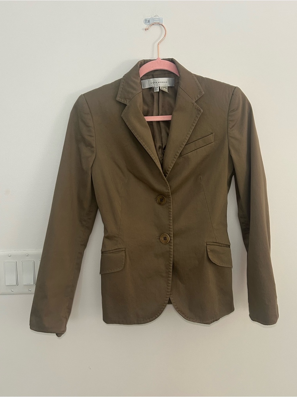 Zara Woman Size 2 Olive Brown Cotton Stretch Tailored Blazer 2 Button Jacket